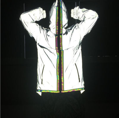 Custom Bomber Flash Reflective Jacket Men Plus Size Full Zipped Up Full-Length  Hooded Light Grey